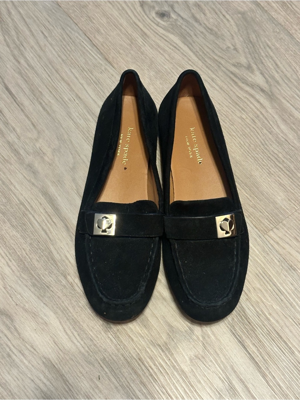kate spade Black Suede Loafers with Metal Logo Accent